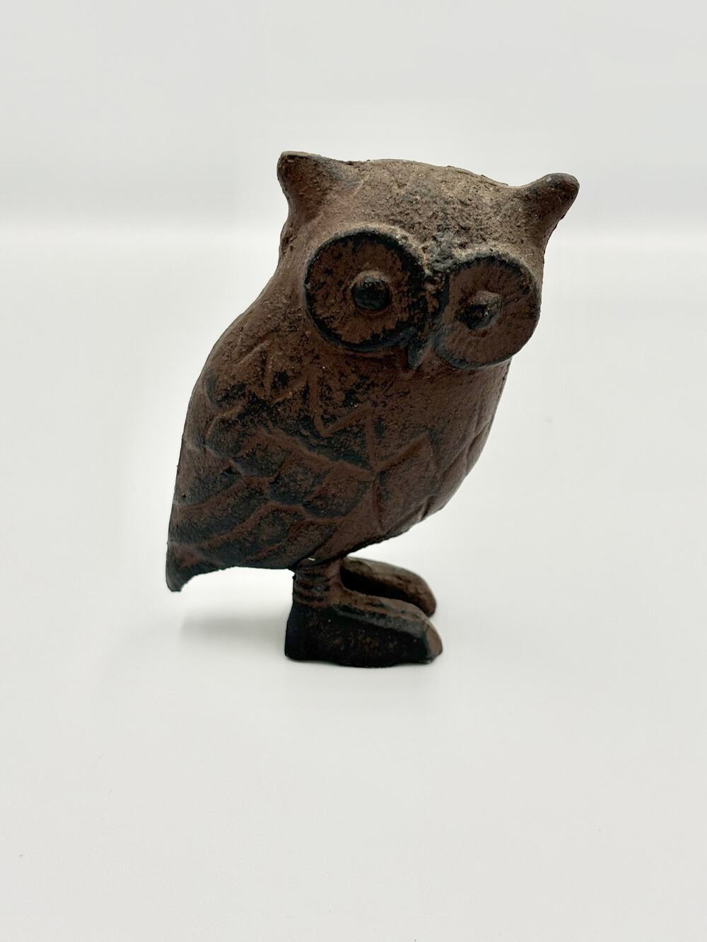 Vintage Cast Iron Owl Figurine Rustic Brown Metal Bird Statue Shelf Cabin Decor